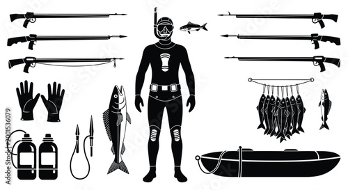 Spearfishing and Diving Equipment Silhouette Set