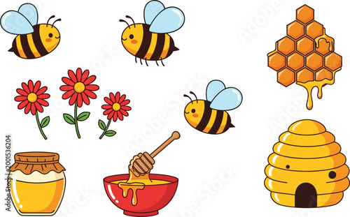 Set of Bees, Honeycomb, Honey Jar, and Flowers for Beekeeping, Organic Products, and Nature Vector Illustration