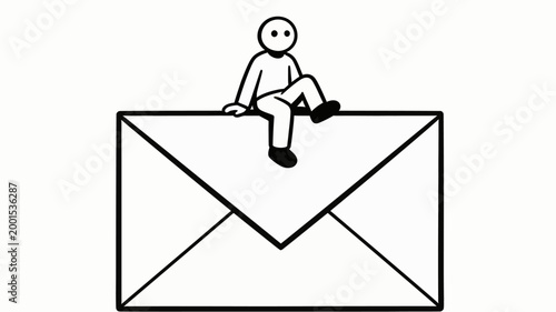 Person sitting on a large envelope illustration, representing communication and correspondence via postal mail and digital messaging
