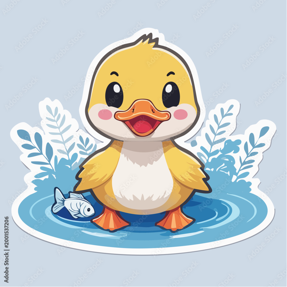 Obraz premium Cute cartoon duckling with a fish in water