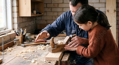 Father and daughter using a wood plane in workshop