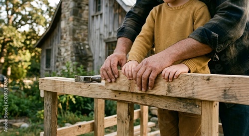 Father and son building wooden structure outdoors