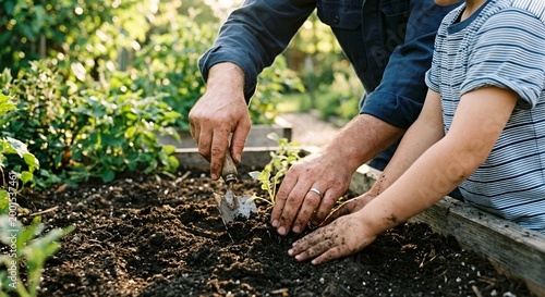 Father and son planting seedlings in garden