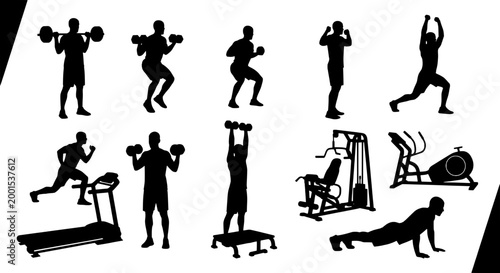 Workout silhouettes set with fitness exercises and equipment featuring exercise, gym, silhouette with people and training elements for dumbbells,