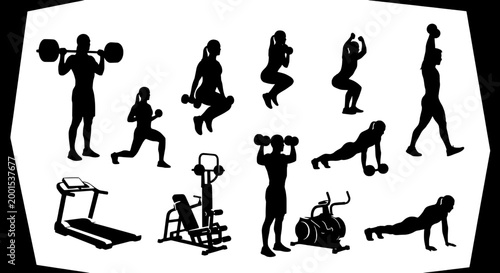 Knife tactical combat with training silhouettes, minimalist fitness icons, gym workout poses for fitness education and safety posters