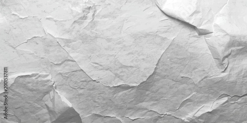 A blank white crumpled paper sheet with a rough wrinkled texture and vintage creased pattern shows a damaged grunge surface of crushed material