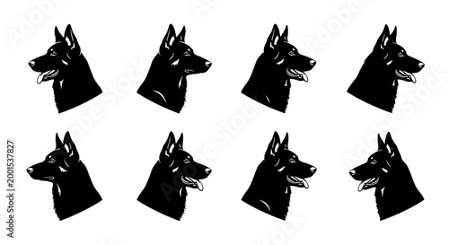 Dogs silhouette set with various head angles and expressions featuring black, white, animal with pet and canine elements for profile, side view