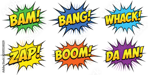 Set of Comic-style Action Words with Explosive Sound Effects Including BAM, ZAP, BANG, and BOOM for Cartoon and Pop Art Design