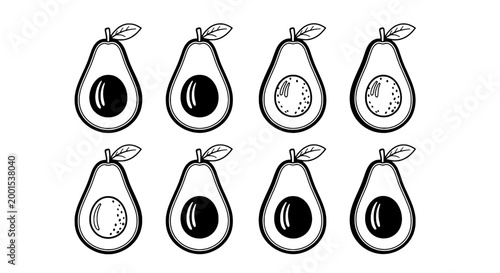 Avocados icon set with halved fruit outlines, seeds and leaves in monochrome hand drawn vector style for food packaging