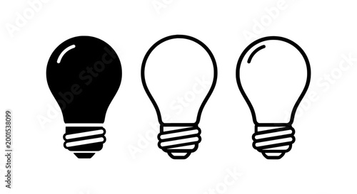 Light bulbs icon set with one black and two white bulbs featuring idea, inspiration, creativity with innovation and design elements for graphic,