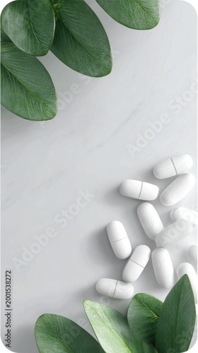 Creative vertical banner featuring white capsules surrounded by lush green leaves