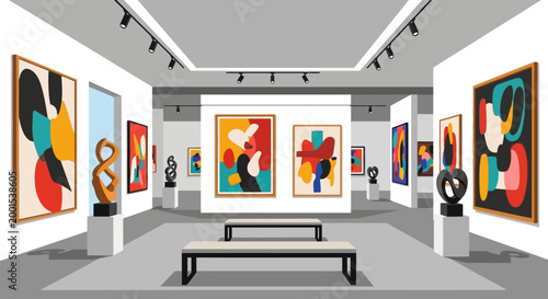 Celebrating International Museum Day, a brightly lit art gallery illustration showcases abstract paintings and sculptures displayed against white walls with benches in the foreground
