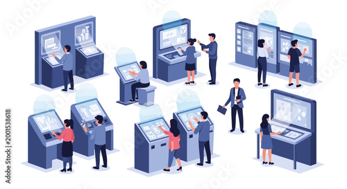 Celebrating International Museum Day, a diverse group interacts with interactive art gallery exhibits in a modern space, the illustration rendered in a clean, isometric style with a bright