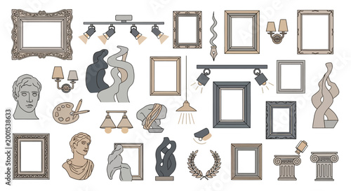 Celebrating International Museum Day with an art gallery illustration featuring various vintage frames, classical sculptures, and lighting fixtures arranged on a clean white background