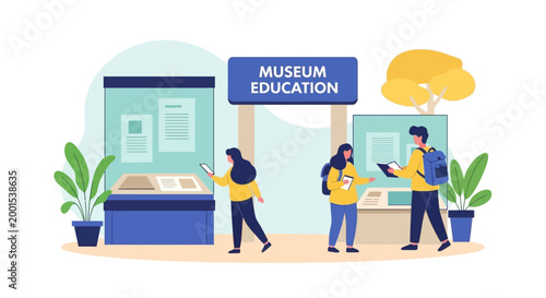 Celebrating International Museum Day, a vibrant illustration features people exploring an art gallery, engaging with exhibits under the Museum Education sign, all in a flat design