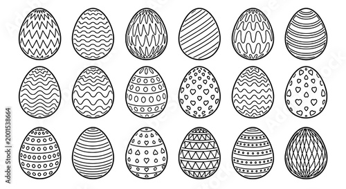 Eggs hand-drawn set with various patterns and designs featuring Easter, illustration, doodle with art and vector elements for black and white, line