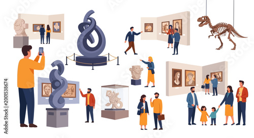 On International Museum Day, diverse visitors admire art gallery illustrations and sculptures in a brightly-lit hall, captured in a wide shot, showcasing various exhibits