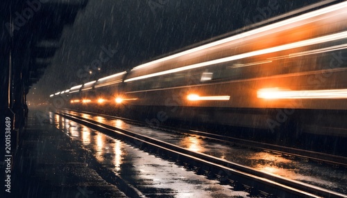 blurred moving train lights at night in tunnel