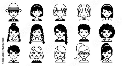 Children cartoon set with diverse hairstyles and accessories featuring kids, illustration, vector with black and white and line art elements for