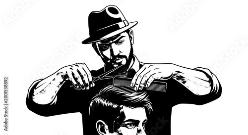 Barber giving a haircut with a comb and scissors in a classic style featuring vintage, grooming, stylist with hairdresser and mustache elements for