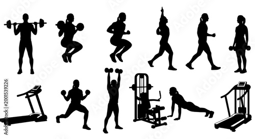 Exercise silhouettes set with fitness activities and equipment featuring workout, gym, running with walking and lifting elements for dumbbells,