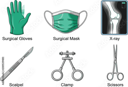 Set of Medical Equipment Including Surgical Gloves, Mask, Scalpel, Scissors, and X-ray for Healthcare and Surgery Vector Illustration