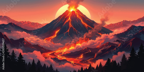 Sunset fire over mountains and sky landscape