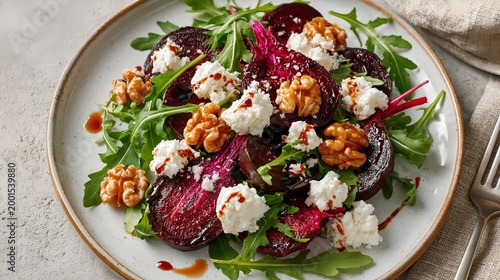 Fresh beet salad with walnuts and goat cheese. Arugula leaves add vibrant green contrast.