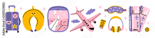 Vector cute travel essentials set. Suitcase, yellow neck pillow, airplane window, pink plane, sunscreen tube, headphone, boarding pass ticket. Vacation journey icon collection in flat doodle design.