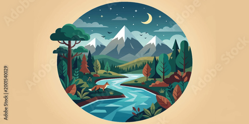 Tropical summer beach vector illustration showing an abstract landscape with ocean, island, palm trees, sun, sand and mountains in a nature travel design