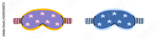 Vector set of cartoon sleep mask in different color palette. Celestial eye cover with star motif, striped elastic strap. Cute night accessory graphic for kids design, pajama party, beauty sleep theme.
