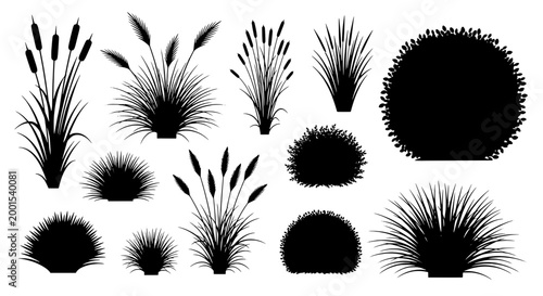 Grass silhouette icons set with various tuft shapes, spiky blades, and textured shrubs for nature design backgrounds