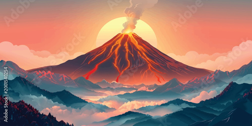 Sunset over a volcanic mountain landscape with snow peaks, clouds, forest and sky in Japan