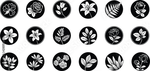 Collection of 15 black and white circular featuring various flowers and leaves leaf rose lily fern