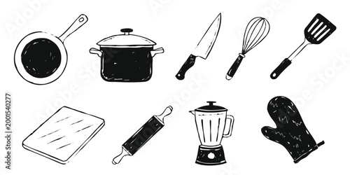 set of kitchen tools icons in black and white line art style