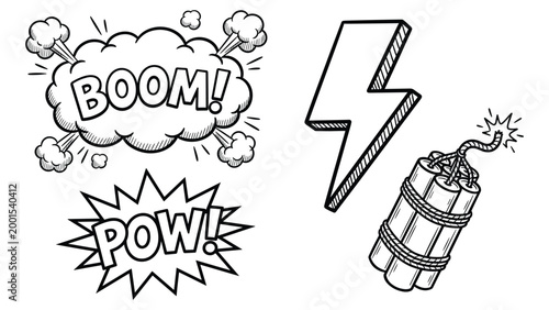 Comic book style explosion, lightning bolt, and dynamite illustrations.