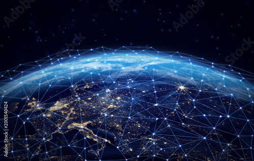 Digital connections around the world. Planet Earth at night with glowing network lines representing global communication, data transfer, and worldwide internet connectivity in space. Europe at night.