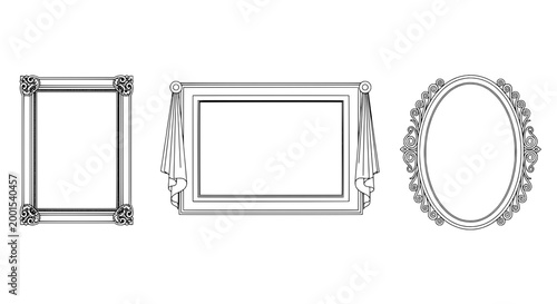 Picture frame set with ornate Victorian corners, decorative oval frame and landscape photo placeholders in monochrome line art