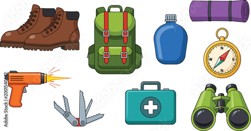 Outdoor Adventure Gear Icon Set with Hiking Boots, Backpack, Compass, First Aid Kit, and Camping Tools for Websites, Apps, and Digital Media Designs.