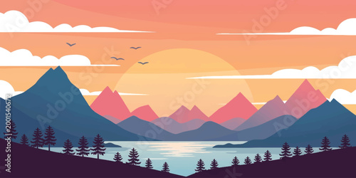 Beautiful snowy mountain landscape at sunset with misty valleys and colorful sky