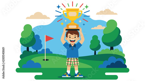 Young boy golfer winning championship trophy on green golf course with trees and flag hole.