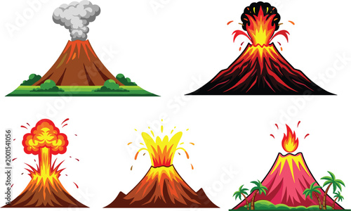 Set of Volcanic Eruptions with Lava, Smoke, and Explosions for Natural Disasters, Nature, and Geology Vector Illustration