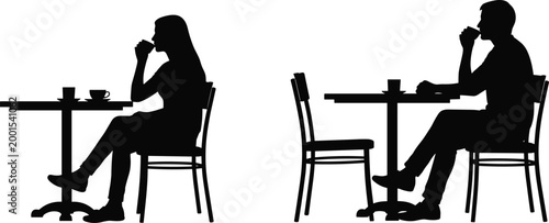 Silhouette Icon Set of Two People Drinking Coffee at a Table for Websites, Apps, and Digital Media Designs.