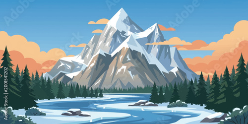 Winter mountain landscape with snowy peaks, frozen lakes, icy glaciers and clear cold sky in alpine nature scenery
