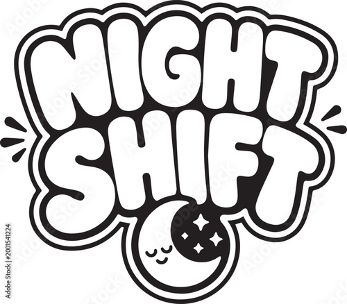 A stylized Night Shift logo design, featuring a crescent moon and stars, captures the essence of nocturnal work.