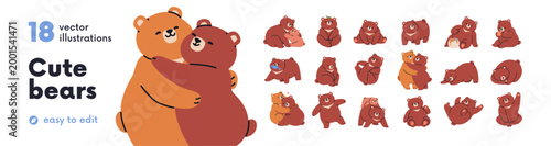 Cute baby bears set. Couple hugging, playing, waving with paw. Funny comic an...