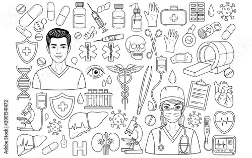 A comprehensive illustration of various medical symbols and objects surrounding a doctor and nurse