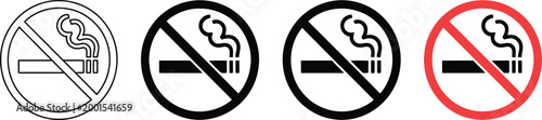 No smoke icon set vector, prohibition symbols showing smoking ban cigarette restriction and anti tobacco warning icons for public health and safety design.