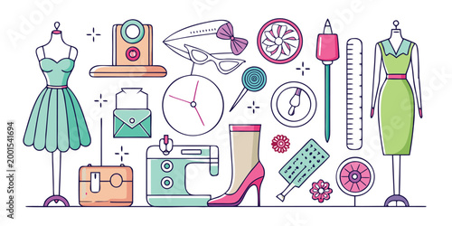 fashion and sewing icons set in colorful line art style high quality