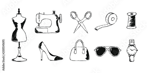 fashion tools and accessories line drawings on white background high quality professional